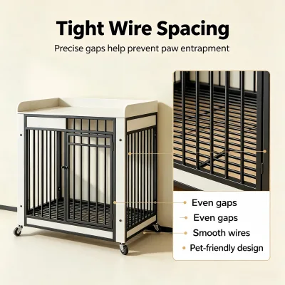 Indoor Decorative Dog Kennel Furniture Wooden Metal Dog Cage With Lockable Casters Easy Clean Removable Bottom Tray for Home Use