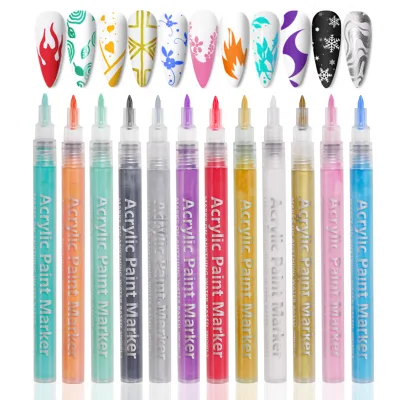 Hot Sell 12 Colors Nail Art Pens Set Nail Art Brush Quick-Drying Acrylic Paint Pen 0.5 MM Drawing Painting DIY Nail Polish Pens