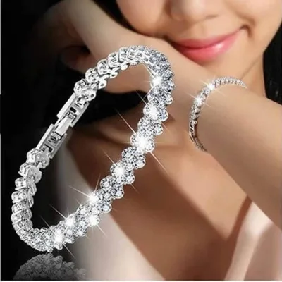 3 Colors Women Fashion Roman Style Crystal Bangles Zircon Full Diamond Heart Tennis Bracelet for Gifts Accessories