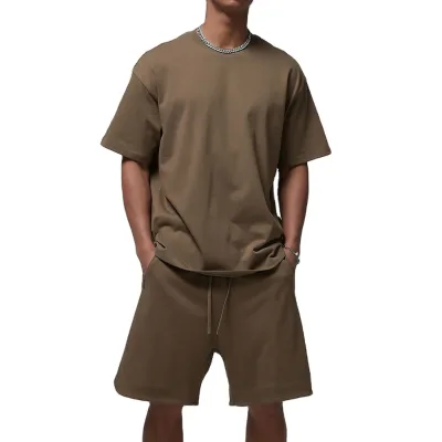 Custom Logo Printing Breathable Knitted Men's Fitness Set Casual Solid Color Two-Piece T-Shirt Shorts Summer