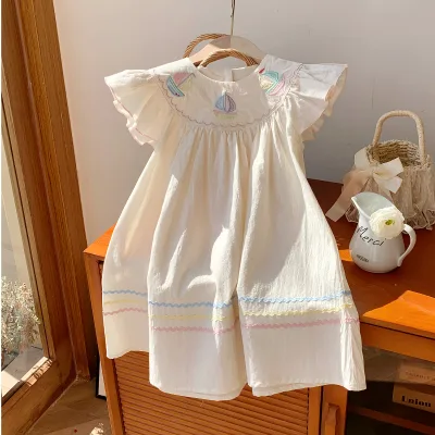 Embroidered Girls Dress 2025 Summer Fluffy Sleeve Children's Linen Cotton Blended Girl dress