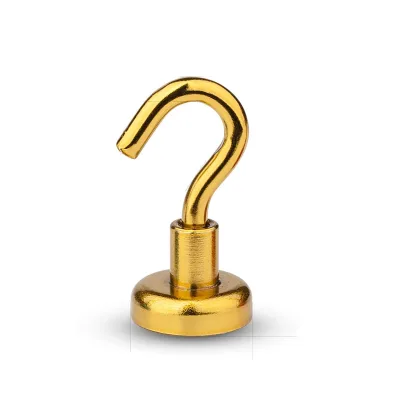 Strong 120lbs Pull Neodymium Magnetic Hook Pot Cup Shape Permanent Ndfeb Gold Coated Magnet Hooks