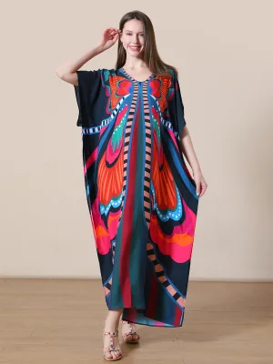 VISROVER Oversized Loose-Fit Viscose Maxi Dress with V-Neck 3/4 Sleeves Geometric Printed Design Daily Wear Breathable Washable