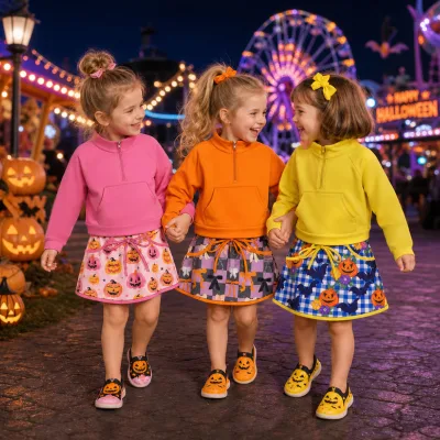 Toddler Girl Halloween Costume Set Half Zip Pullover Sweatshirt Pumpkin Print Skirt Kids Holiday Party Outfit Cosplay Clothes