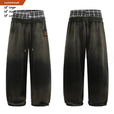OEM Heavyweight Cotton Double Waist Sweatpants Men Plain Embroidery Patch Baggy Sweatpants Washed Streetwear Fade Hip Hop Pants