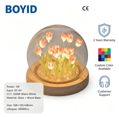 Boyid Modern Warm Glass Cover Tulip Bouquet LED Night Gift Box Switch Control Battery Operated for Girls Bedroom Birthday Decor