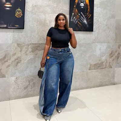 New CY831 Irregular Wrap Waist Wide Leg Jeans Women Asymmetrical Curved Panel Baggy Denim Pants Vintage Washed Loose Trousers