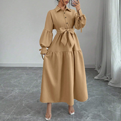 New European American Style Solid Midi Woven Dress Long Sleeve Ruffles Lace-up Empire Turn-down Collar Fashionable ODM Product