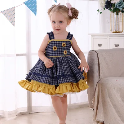 Newborn Baby Girl Cotton Dress for Summer Party Children's Plaid Dress with Sunflower Patterns