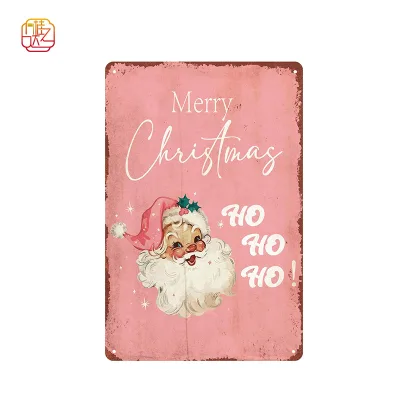 Pink Christmas Decoration Vintage Metal Aluminum Sign, Vintage Santa Claus Metal Sign 'Merry Christmas'
