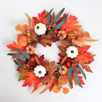 Artificial Halloween Wreath with Pumpkin Silk Eucalyptus and Berry for Home Front Door Wall Holiday Party Porch Decoration