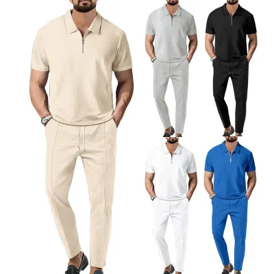 2026  Men's Casual Fashion Solid Color Short Sleeve Two-piece Set