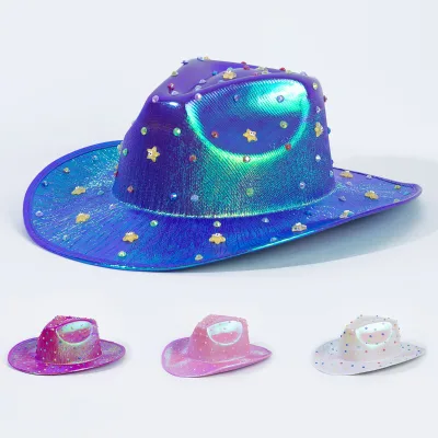 Western Glitter Color Felt Cowboy Hat Rhinestones Metallic Party Cowgirl Hat for Music Festival
