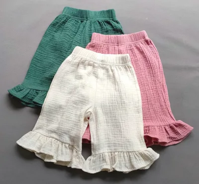 Cute Muslin Cotton Ruffle Hem Baby Pants Elastic Waist Wide Leg Loose Casual Crinkled Gauze Trousers Flared Casual for Infants
