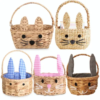 Easter Craft Handwoven Rattan Water Hyacinth Bunny Kids Basket Eco-Friendly Natural Material Cute Easter Festival Decorations
