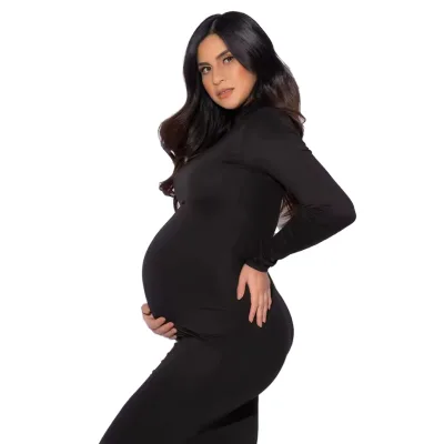 Slim-Fit High Neck Long Sleeve Stretch Polyester Maternity Dress, Breathable Autumn Outfit for Maternity Photoshoots