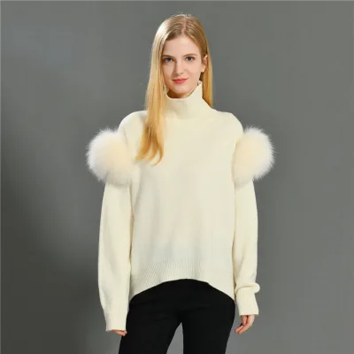 2023 Autumn Winter Thick Turtleneck Wool Knitted Sweater Solid Plain Clothing Women Knitted Custom Pullover Sweater With Fur