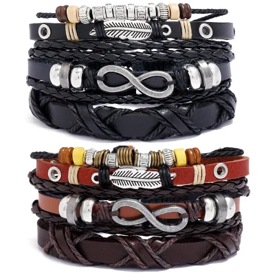 Hot Selling Vintage Friendship Black Beads Leather Jewelry Set 8-Character Feather Fashion Woven Bracelets Wrap Jewelry