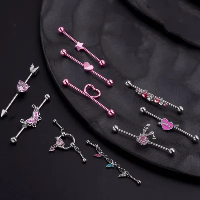 Hot Stainless Steel Industrial Stud Earrings Pink Love Peach Heart Barbell Long Earbone Studs Piercing Trendy Puncture Jewelry