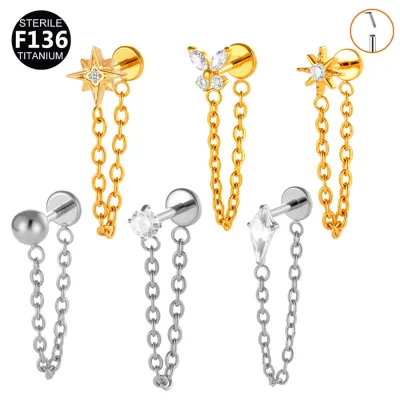 G23 Titanium Lip Piercing Threadless Stud Earring Tassel Chain Geometry CZ Labret Stud Tragus Cartilage Trendy Piercing Jewelry