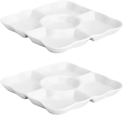 Porcelain Platter Porcelain Divided Serving Platter With Scalloped Rim 5-Section Square Appetizer Serving Tray and Dip