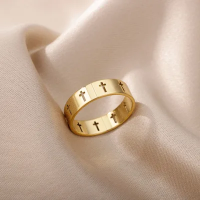 Cut-Out Cross Band Ring | 18K PVD Gold Plated Stainless Steel Christian Symbol Jewelry | Durable Waterproof & Hypoallergenic