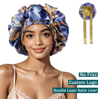 Personalized Satin Bonnet Printed Bonnet African Pattern Printed Bonnets Custom Luxury Double Layer Bow Tie Large Hair Care
