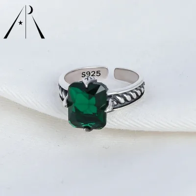 Customized New Arrivals Design Classic Retro Green Square Zircon Ring S925 Sterling Silver Opening Adjustable Ring for Women