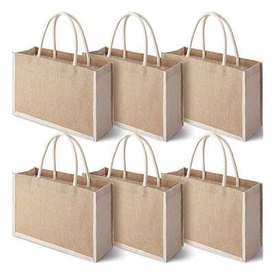 Waterproof White Patchwork Square Bottom Design Wholesale Burlap  with Handle Beach Travel Wedding Jute Gift Bag