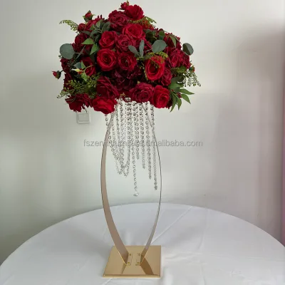 Event Table Decorative Gold Metal Floral Stand With Beads Flower Stand for Wedding Table Centerpiece