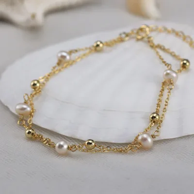 Freshwater Pearl Bracelet 925 Sterling Silver Double Layer Chain Adjustable Women Jewelry Dainty Elegant Gift