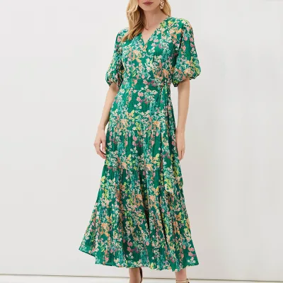 Custom Puff Sleeve Fit and Flare Boho Women Summer Chiffon Long Floral Casual Dresses