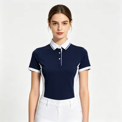Women's Navy White Solid Color Moisture-Wicking Stretch Breathable Nylon/Polyester Spandex Riding Polo Shirt Button Collar for