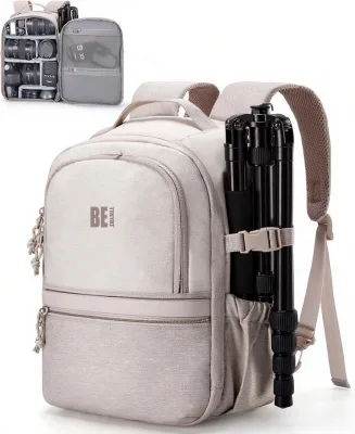 Camera Backpack, SLR Photographer Small Camera Bag, Shoulder Strap 2 in 1 Travel Backpack for 12.9 "iPad, Beige