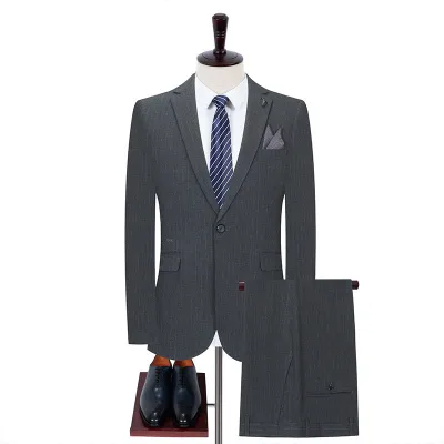 Men's Top-Grade Breathable Two-Piece British Business Casual Suit Gray Striped Korean Professional Dress