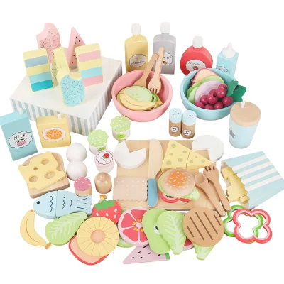 Wenzhang Unisex Wooden Kitchen Toys American Breakfast Toys Pretend Food Set