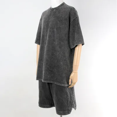 Custom Oversized Unisex 2pcs Tshirt Shorts Sets Hip Hop Design Vintage Acid Wash t Shirt and Shorts Set for Men