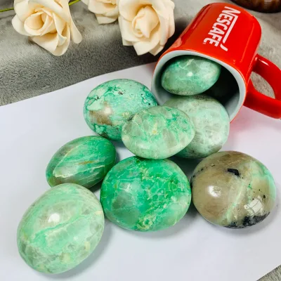Green Moonstone Palms Natural Gem Stone Oval Tumbled Stone Polished Crystal Puffy Palm Stone