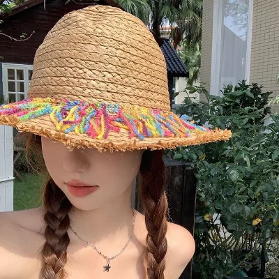 Colorful Fringed Wide-brimmed Straw Hat with Hollowed-out Design - Suitable for Parties and Daily Photoshoots