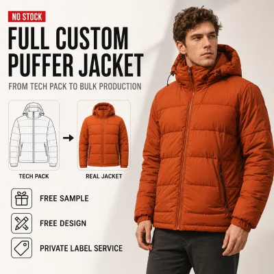 OEM Jacket Mens Orange Textured Nylon Padded Hooded Zip up Horizontal Quilted Baffle Winter Outdoor Insulated Puffer Jacket