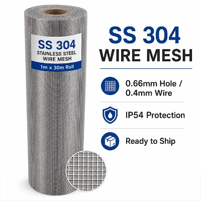 Best Price SS304 Stainless Steel Woven Wire Mesh Roll 1m X 30m 0.4mm Wire Diameter 0.66mm Aperture IP54 Rated Stock Clearance
