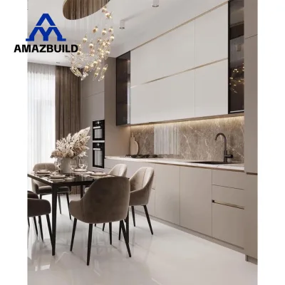 AMAZBUILD USA Project Automatic Newest Modern Gray Lacquer Prefab Top Base Kitchen Display Cabinet Kitchen Furniture