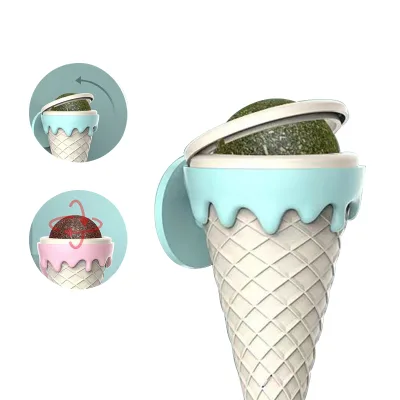 Ice Cream Shaped Catnip Ball Toy Rotatable Wall Mounted Cat Mint Lick Treats with Dust Cover