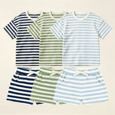 Hongbo Kids t Shirt Shorts Set Bulk Drop Shoulder Custom Print Striped Pima Cotton Shorts and T-shirt Set for Kids Boy Set