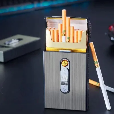 20-Pack Metal Cigarette Case Men's Rechargeable Lighter Windproof Feature Portable Thick Thin Case for Smoking Storage
