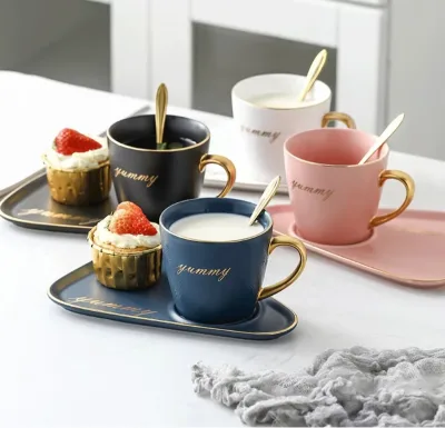 Blue Porcelain Elegant Espresso Coffee Cup with Saucer Luxury Stoneware Dessert Snack Plate with Breakfast 250ml Coffee Cup