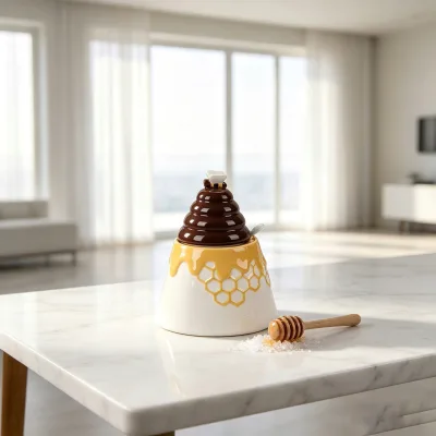 Creative Honeycomb Bee Ceramic Honey Jar with Dipper Food Grade Sealed Storage Pot Kitchen Decor Gift