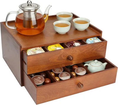 Wood Tea Bag Organizer Tea Organizers and Storage Box Double-Drawer  Tea and Coffee Organize