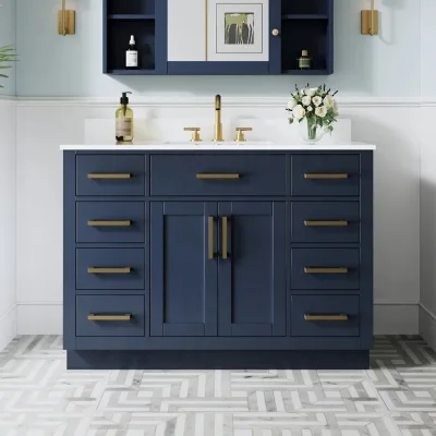Modern Freestanding Bathroom Vanity Blue Painted Solid Wood Structure with Ceramic Sink Faucet for Home & Hotel Bathroom Project