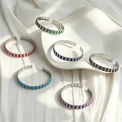 Colorful Enamel Woven Strip Stainless Steel Open Cuff Bracelets Adjustable Bangles for Ladies Wholesale